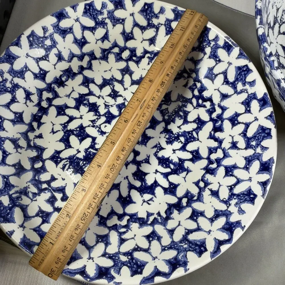 Vintage Pier 1 Italy Hand Painted Blue White Floral Serving Bowls 12